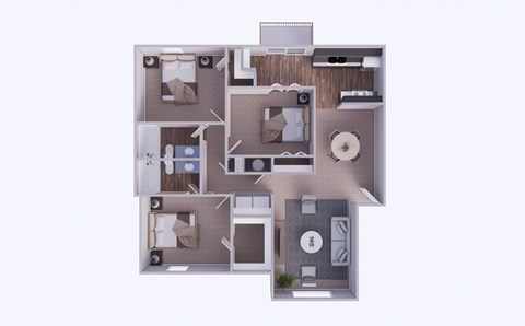 A 3D rendered image of a house layout.